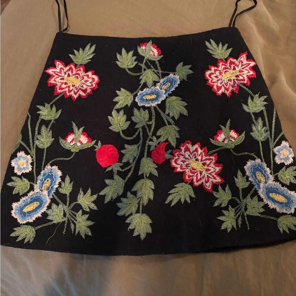 Topshop Black A-Line Mini Skirt with Red, Blue & Green Floral Embroidery